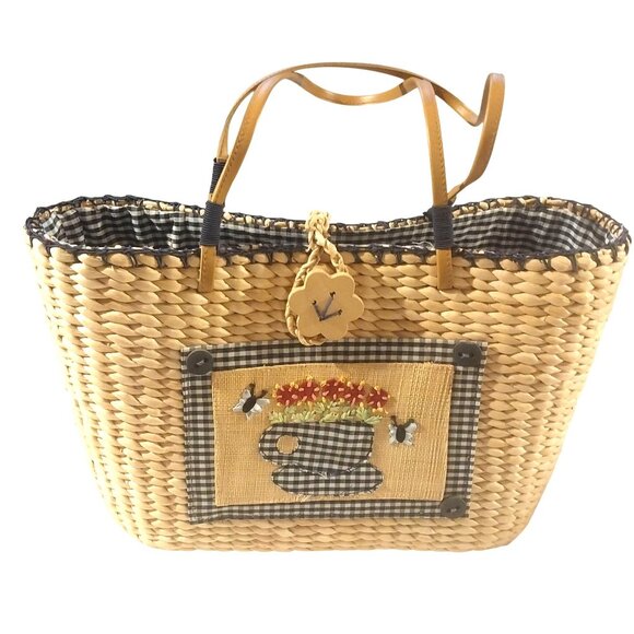 Breckenridge Handwoven Straw Tote Bag With Floral Cup Design & Leather Handles - Picture 1 of 5